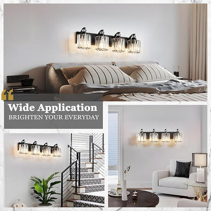 4-Light Black Bathroom Light Fixture Modern Vanity Lights Over Mirror Vintage Wall Sconce Lighting for Bathroom, Bedroom, Living Room, Hallway E26 Base with Crystal Bathroom Vanity Light