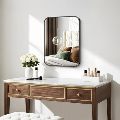 BONEWEI 16x20 inch Bathroom Mirror,Black Rectangle Mirror,Wall Mounted Bathroom Frame Vanity Mirror with Round Corner for Bedroom Living Room,Entryway Hangs Horizontal or Vertical