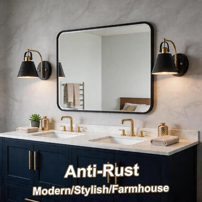 PAZALA Bathroom Sconces Set of 2, Black and Gold Wall Sconces Set of Two, Bathroom Vanity Light with Rotatable Metal Shade, Modern Farmhouse Wall Light Fixtures for Bath Mirror Bedroom Stair Hallway