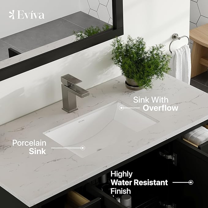 Eviva London 42 Inch Vanity with Top – 42 Bathroom Vanity with Sink and Countertop, Espresso 42 in Bathroom Sink Cabinet with Quartz Countertop and Porcelain Single Sink for Modern Vanity Bathroom