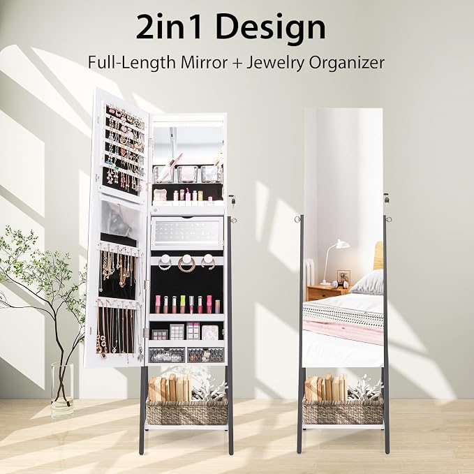 CHARMAID Standing Jewelry Armoire with Full Length Mirror, Lockable Jewelry Cabinet Organizer with Lights, 3 Lighting Modes, Foldable Makeup Tray, Storage Drawers & Shelves (White)