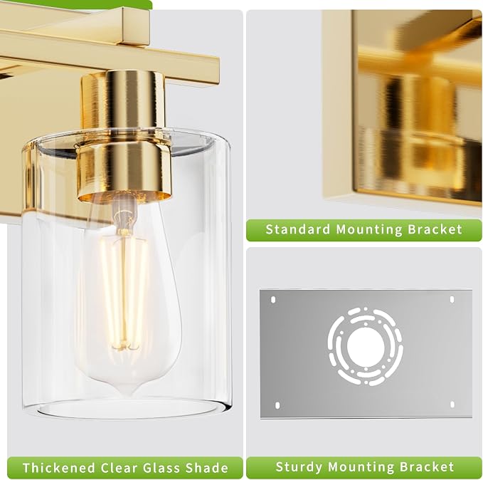 4-Light 30inch Brushed Gold Vanity Light, Thickened Clear Glass | Over Mirror for Bathroom, Rust Resistant, E26 Base, Easy Install, Removable Glass Shade Horizontal Mount, Dimmable