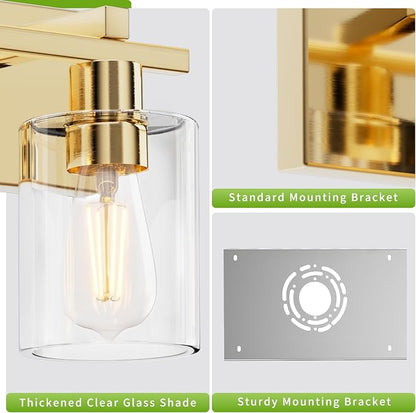 4-Light 30inch Brushed Gold Vanity Light, Thickened Clear Glass | Over Mirror for Bathroom, Rust Resistant, E26 Base, Easy Install, Removable Glass Shade Horizontal Mount, Dimmable