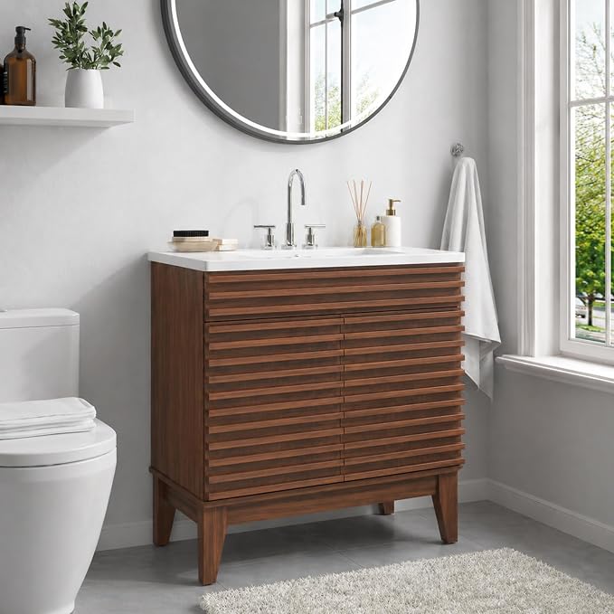 30 Inch Bathroom Vanity with Sink, Walnut Fluted Freestanding Bathroom Vanity Cabinet with Ceramic Sink Top, Solid Wood Legs, Soft Close Double Doors and Modern Storage Cabinet