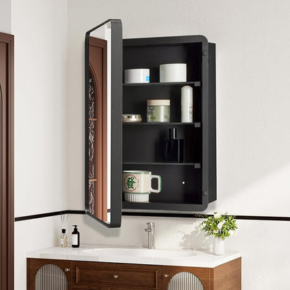 16’’x26’’ Medicine Cabinet,Metal Framed Medicine Cabinet Mirror with Round Corner,Recessed and Surface Mount Bathroom Mirror with Storage, Removeable Shelves,Dark Gray Frame