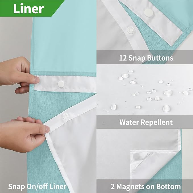 eachope No Hook Linen Texture Shower Curtain with Snap-in Liner,71x74 Teal | 230GSM Thick Fabric,Hotel Luxury Decor,Mesh Top Window,Magnetic Weighted Hem,Waterproof & Machine Washable,for Bathroom