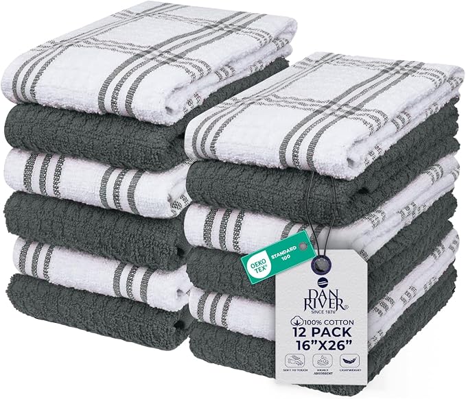 DAN RIVER Gray Kitchen Towels, 12 Pack, 16x26 Inches Absorbent Dish Towels | 100% Cotton Absorbent Soft cotton kitchen towels for drying dishes, Quick Dry, Dish Towels for kitchen,Tea and Bar towels set