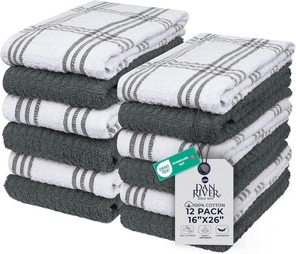 DAN RIVER Gray Kitchen Towels, 12 Pack, 16x26 Inches Absorbent Dish Towels | 100% Cotton Absorbent Soft cotton kitchen towels for drying dishes, Quick Dry, Dish Towels for kitchen,Tea and Bar towels set