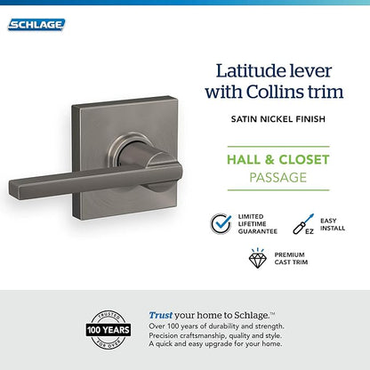 Schlage F10 LAT 619 COL Latitude Door Lever with Collins Trim, Hall & Closet Passage Lock, Satin Nickel