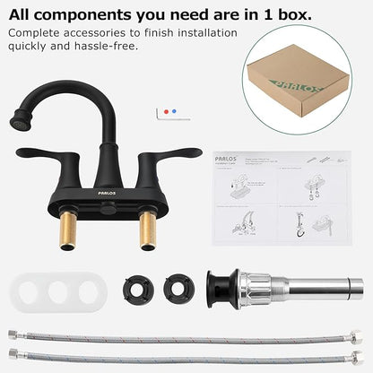 PARLOS 2-Handle Bathroom Sink Faucet High Arc Swivel Spout with Metal Drain Assembly and Faucet Supply Lines, Matte Black, Demeter 14134