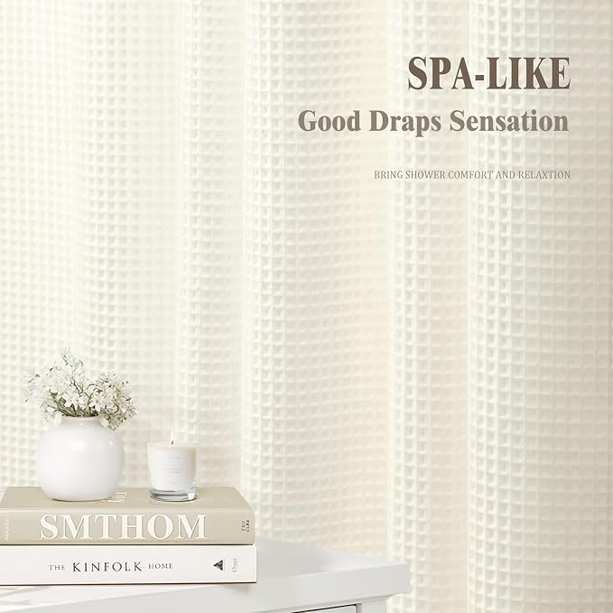 Waffle Weave Shower Curtain - Ivory Cotton Fabric Texture Heavyweight Shower Curtain for Bathroom,Washable, 48Wx72L