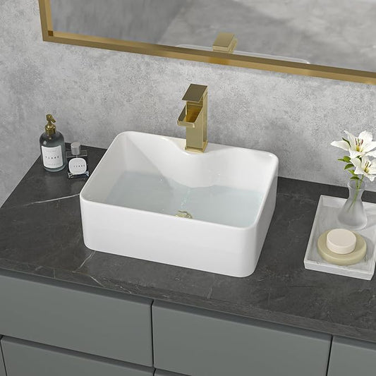 Sarlai Vessel Sink Rectangular - 16"x12" Rectangle Vessel Sink White Ceramic Porcelain Above Counter Bathroom Vanity Lavatory Restroom Bathroom Vessel Sink Basin