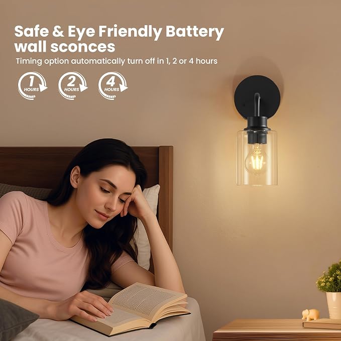 Epinl Battery Operated Black Wall Sconce Set of 2, Wireless Rechargeable Wall Lights with Remote Control, Modern Dimmable Wall Mount Lamps for Bedroom Living Room Bathroom, 3000K