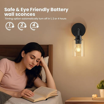 Epinl Battery Operated Black Wall Sconce Set of 2, Wireless Rechargeable Wall Lights with Remote Control, Modern Dimmable Wall Mount Lamps for Bedroom Living Room Bathroom, 3000K