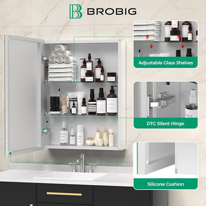 20 x 26 Aluminum Medicine Cabinet Mirror, Moisture & Rust Resistant Bathroom Wall Cabinet with Mirror, Recessed or Surface Mount with Adjustable Shelves, Tempered Glass & Soft Close Hinges