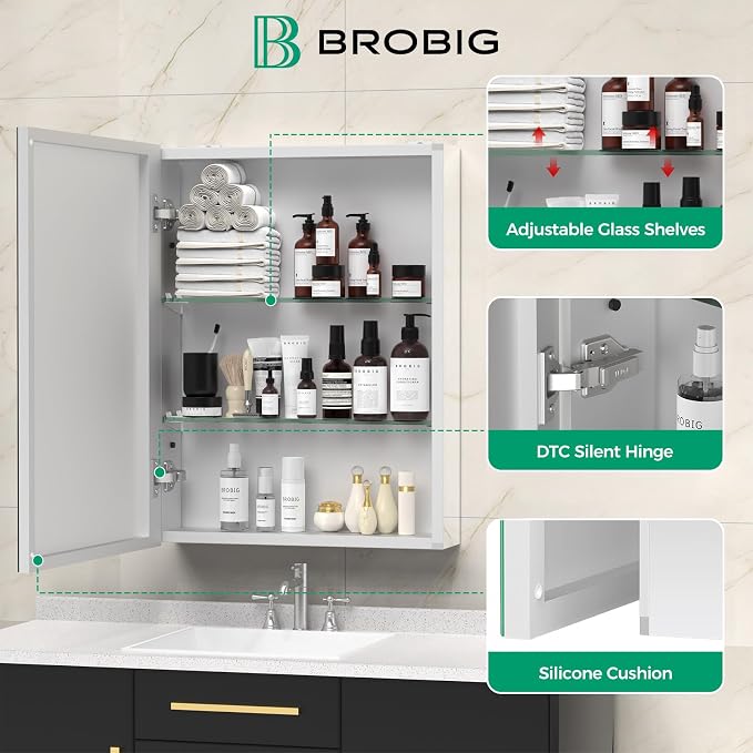 14 x 18 Aluminum Medicine Cabinet Mirror, Moisture & Rust Resistant Bathroom Wall Cabinet with Mirror, Recessed or Surface Mount with Adjustable Shelves, Tempered Glass & Soft Close Hinges