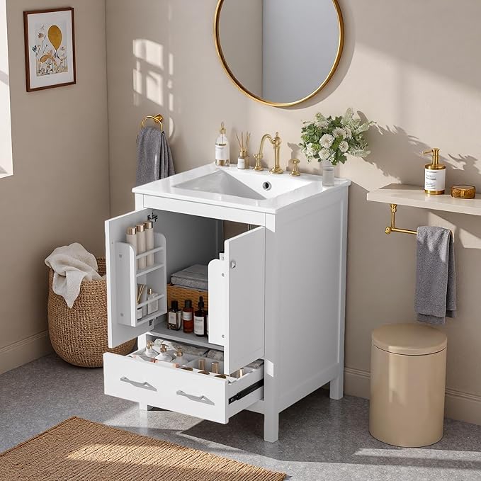24" Freestanding Bathroom Vanity with Sink, Floor Stand Bathroom Storage Cabinet with Ceramic Sink, Doors with Double-Layered Storage Shelves, Modern Compact Vanity with Divided Drawer, White