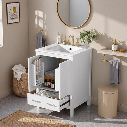 24" Freestanding Bathroom Vanity with Sink, Floor Stand Bathroom Storage Cabinet with Ceramic Sink, Doors with Double-Layered Storage Shelves, Modern Compact Vanity with Divided Drawer, White