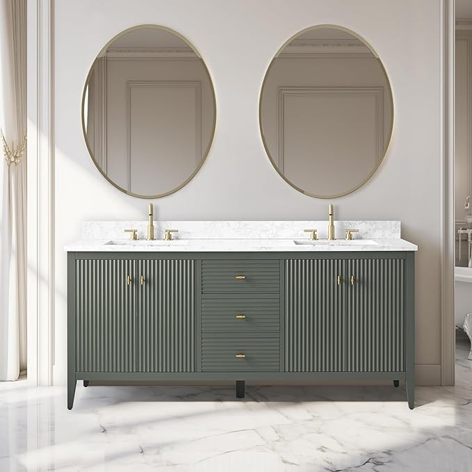 Vanity Art 72 inch Bathroom Vanity with Double Sink & Ceramic Top, Vanity Cabinet with Soft-Closing Door, Solid Wood Frame, Linear Pattern, Vintage Green, Golden Brushed Handware VA9172-DVG-GB