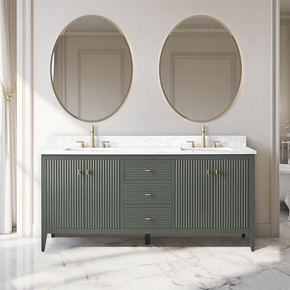 Vanity Art 72 inch Bathroom Vanity with Double Sink & Ceramic Top, Vanity Cabinet with Soft-Closing Door, Solid Wood Frame, Linear Pattern, Vintage Green, Golden Brushed Handware VA9172-DVG-GB