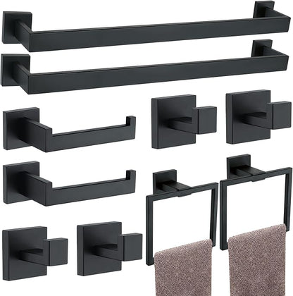 10 Pieces Bathroom Hardware Accessories Set Black, 24Inch Bathroom Towel Rack Set SUS304 Stainless Steel, Square Bath Towel bar Set Heavy Duty, Wall Mounted