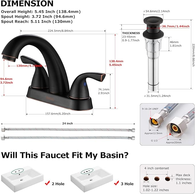 PARLOS Two-Handle Bathroom Sink Faucet with Metal Drain Assembly and Supply Hose Lead-Free cUPC Mixer Double Handle Tap Deck Mounted Oil Rubbed Bronze, 13597