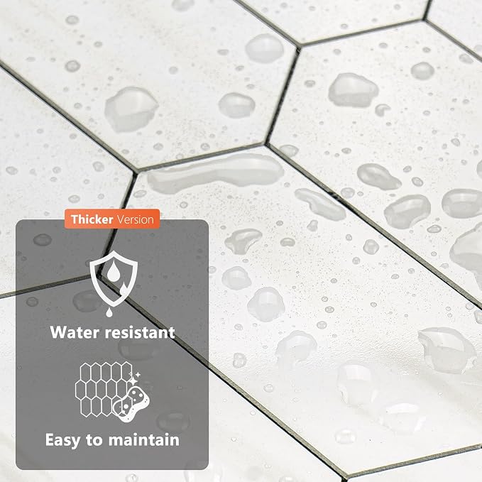 Vamos Tile Long Hexagon Peel and Stick Backsplash Tile - 10 Sheets Stick on Backsplash for Kitchen and Bathroom 12.4 x 12 Inch Glossy Dolomite White PVC Self Adhesive Mosaic Wall Tiles