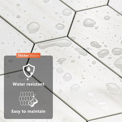 Vamos Tile Long Hexagon Peel and Stick Backsplash Tile - 10 Sheets Stick on Backsplash for Kitchen and Bathroom 12.4 x 12 Inch Glossy Dolomite White PVC Self Adhesive Mosaic Wall Tiles
