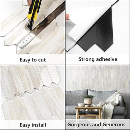 Vamos Tile Glossy Wood Marble Grain Backsplash Tile Peel and Stick, 12.8 x 12.8 Inch 10 Sheets Long Hexagon PVC Self Adhesive Mosaic Wall Tiles Stick on Backsplash for Kitchen and Bathroom