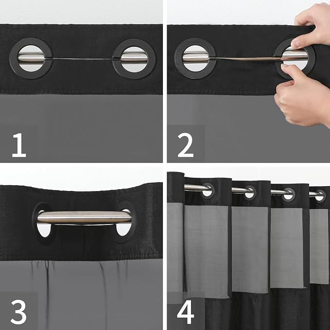 eachope No Hooks Needed Linen Textured Shower Curtain with Snap-in Fabric Liner Set,Black Hotel Luxury Decor Shower Curtains for Bathroom with Mesh Top Window,Waterproof & Washable,71Wx74H | 230GSM Thick Fabric,Hotel Luxury Decor,Mesh Top Window,Waterp...