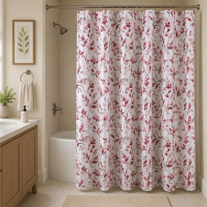 Hotel Quality Fabric Bathroom Shower Curtain: Floral Leaf Damask - Pink, Gray and White (72 x 70 inches)