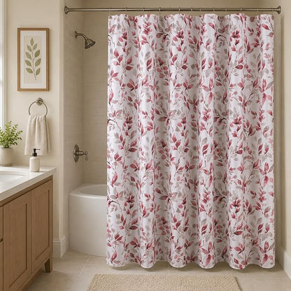 Hotel Quality Fabric Bathroom Shower Curtain: Floral Leaf Damask - Pink, Gray and White (72 x 70 inches)