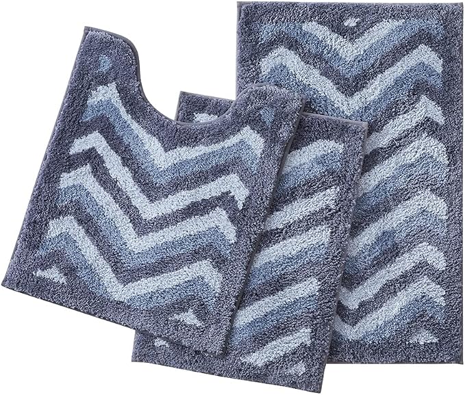 Hearth & Harbor Bathroom Rugs, Shaggy Plush Bath Mat, Ultra Soft Non Slip Backing Rubber, Chevron Design Bath Rug, Blue/Grey, 3 Piece Set