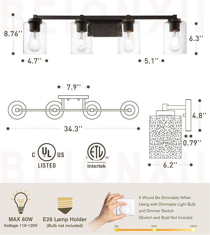 Beionxii 34In Farmhouse Bathroom Light Fixtures,Rustic Vanity Light Fixture | 4-Light Bathroom Vanity Light Fixture, Seeded Glass Shade, Oil Rubbed Bronze Over Mirror for Bathroom Living Room, BXMB9002-4