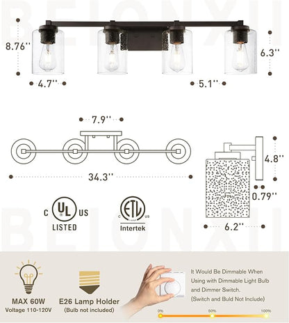 Beionxii 34In Farmhouse Bathroom Light Fixtures,Rustic Vanity Light Fixture | 4-Light Bathroom Vanity Light Fixture, Seeded Glass Shade, Oil Rubbed Bronze Over Mirror for Bathroom Living Room, BXMB9002-4