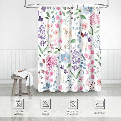 Extra Long Shower Curtain 72 x 96 Inch, Floor to Ceiling X-Long Colorful Floral Shower Curtain, Pink Green Blue Flower Butterfly Fabric Shower Curtain Set with Hooks