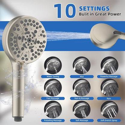 10" Metal Rainfall Shower Head with 10-Mode Handheld, Brushed Nickel | NSF/ANSI/CAN 372 Certified, High Pressure Showerhead Combo with 11" Adjustable Shower Arm, 71" Hose, Shower Head Holder