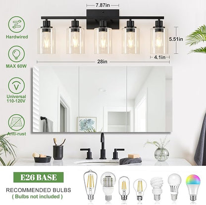 5-Light Bathroom Light Fixtures, Vanity Light with Clear Glass Shades, Matte Black Bathroom Light Fixtures Over Mirror, Modern Bathroom Wall Lamp for Mirror Living Room Cabinet Bedroom
