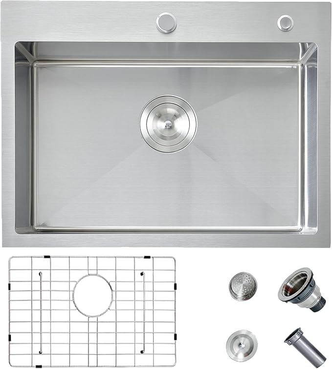 HOTIS 24 x 18 Inch Drop In Kitchen Sink, Overmount 304 Stainless Steel RV Laundry Utility Sink, Topmount Extra-thick 16 Gauge Brushed Nickel Single Bowl Sink with Dish Grid & Drain