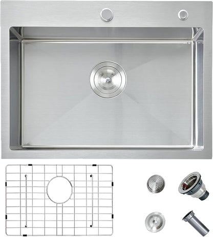 HOTIS 24 x 18 Inch Drop In Kitchen Sink, Overmount 304 Stainless Steel RV Laundry Utility Sink, Topmount Extra-thick 16 Gauge Brushed Nickel Single Bowl Sink with Dish Grid & Drain