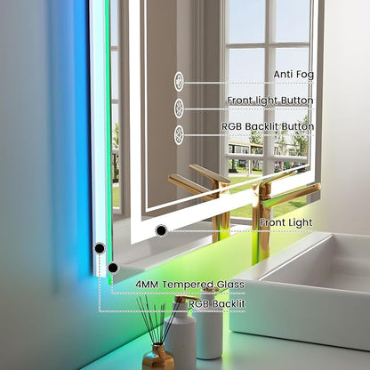 44x30 Inch RGB LED Bathroom Mirror with Lights | Front and RGB Backlit, Dimmable, Memory, Anti Fog, Shatterproof, Horizontal/Vertical, Lighted Mirrors for Bathroom Wall