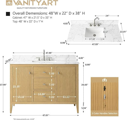 Vanity Art 48 inch Oak Bathroom Vanity with Single Sink & Ceramic Top, Vanity Cabinet with Soft-Closing Door, Solid Wood Frame, Linear Pattern, Natural Oak, VA9148-NO-MB,Matte Black Handles