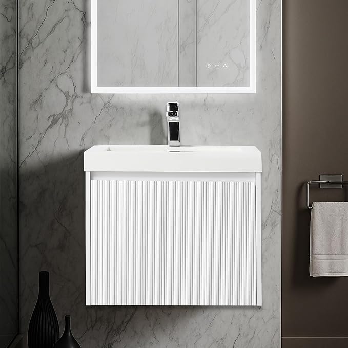 Blossom 24 Inch Modern Bathroom Vanity - All Wood Wall Mount Vanity - Pre-Assembled Floating Cabinet with Acrylic Sink - Soft-Close - Designer Matte White