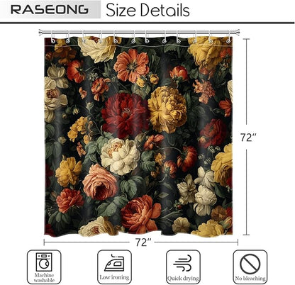 Vintage Black Floral Shower Curtain for Bathroom, Dark Boho Floral Shower Curtain Farmhouse Flower Botanical Waterproof Bath Curtains with 12 Hooks, 72X72 Inch