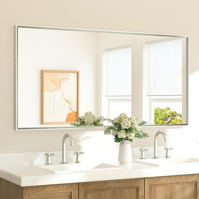 Brushed Nickel Vanity Mirror for Bathroom 60" x 30" Beveled Frame Rectangle Bathroom Mirror for Over Sink Brushed Nickel, Tempered Glass, Stronger Frame, Modern Farmhouse Bedroom, Entryway