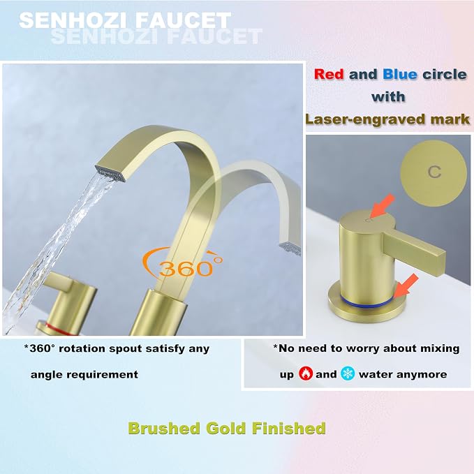 Widespread Gold Bathroom Faucet 3 Hole, Brushed Gold Vanity Faucet | 8 Inch Brushed Gold Bathroom Sink Faucet, Widespread, 360 Swivel Spout, Gold Bathroom Sink Faucet 3 Hole