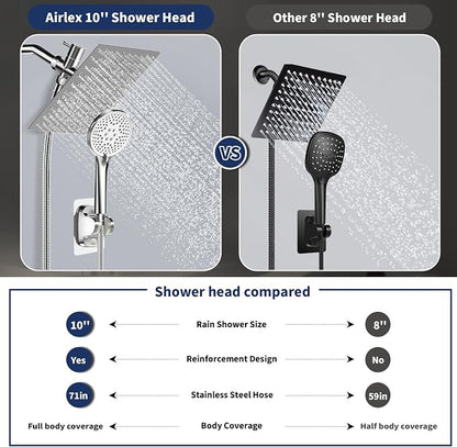 Airlex Shower Head Rain Shower Head with Handheld Spary, High Pressure Rainfall Showerhead and 4 Modes Handheld Shower Heads Built-in Power Wash with 71 Inch Stainless Steel Hose, 10'' Sliver
