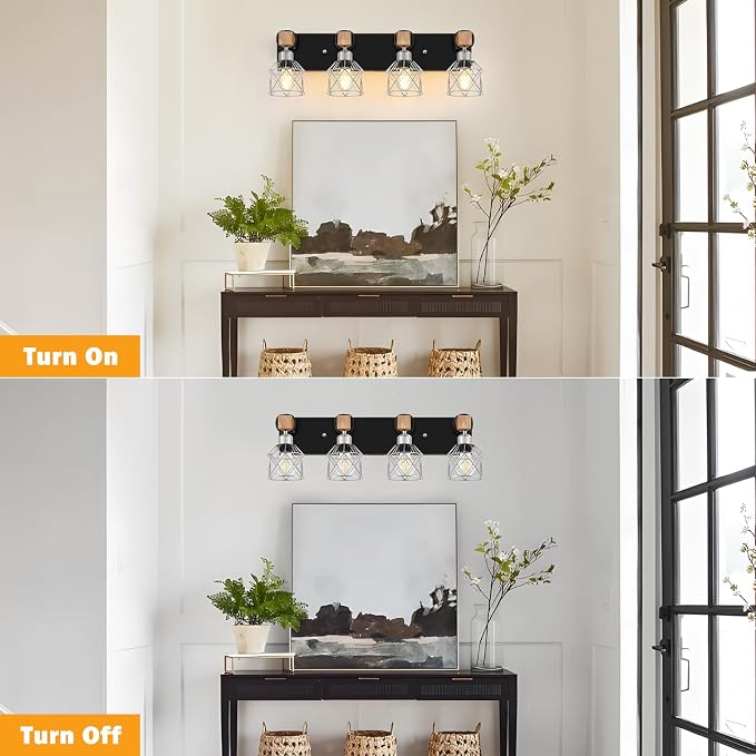 FadimiKoo Farmhouse Vanity Light for Bathroom, 4-Light Rustic Wood Black Bathroom Light Fixtures with Elegant Silver Metal Cage, Vintage Vanity Lights Over Mirror for Living Room Bedroom Hallway