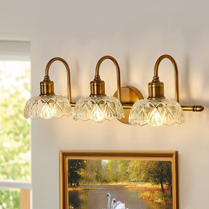 UOFUS Gold Vintage Vanity Light 3 Lights Bathroom Lighting Fixtures Over Mirror with Clear Glass Shade