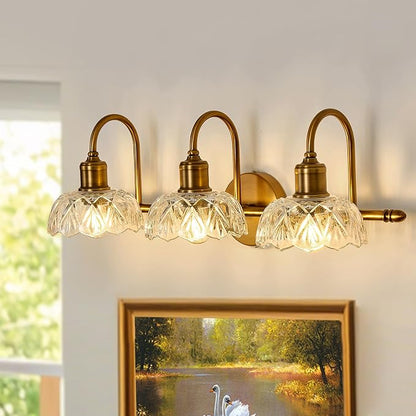 UOFUS Gold Vintage Vanity Light 3 Lights Bathroom Lighting Fixtures Over Mirror with Clear Glass Shade